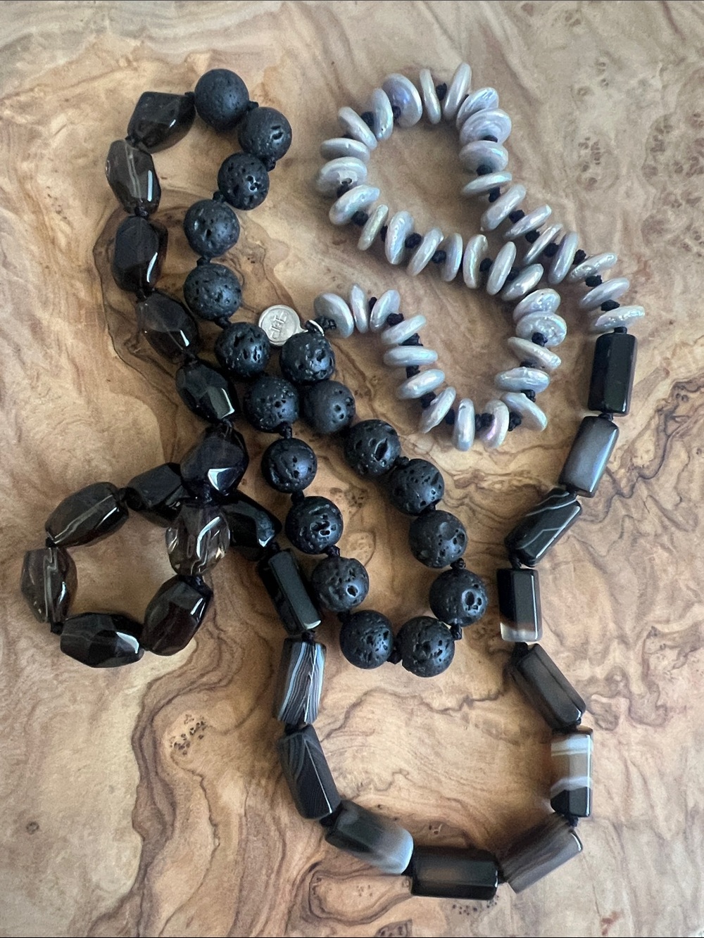 Elegant Black Beaded Necklace with Lava Stone and Agate Accents